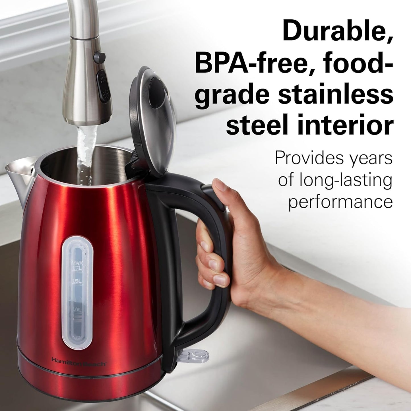 Hamilton Beach Electric Tea Kettle, Water Boiler & Heater, 1.7 Liter, Cordless Serving, 1500 Watts for Fast Boiling, Auto-Shutoff and Boil-Dry Protection, Red with LED Light Ring (41060)