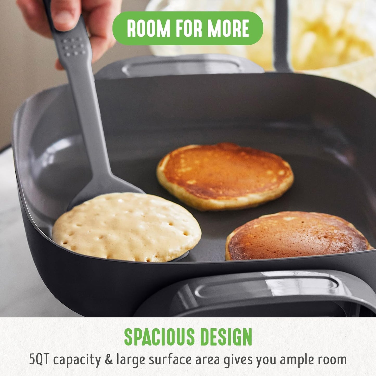 GreenLife 12" 5QT Square Electric Skillet, Glass Vented Lid, Ceramic PFAS-Free Nonstick Coated Interior, Adjustable Temperature Control, Cool Touch Handles, Quick Even Heating, Scratch Resistant,Black