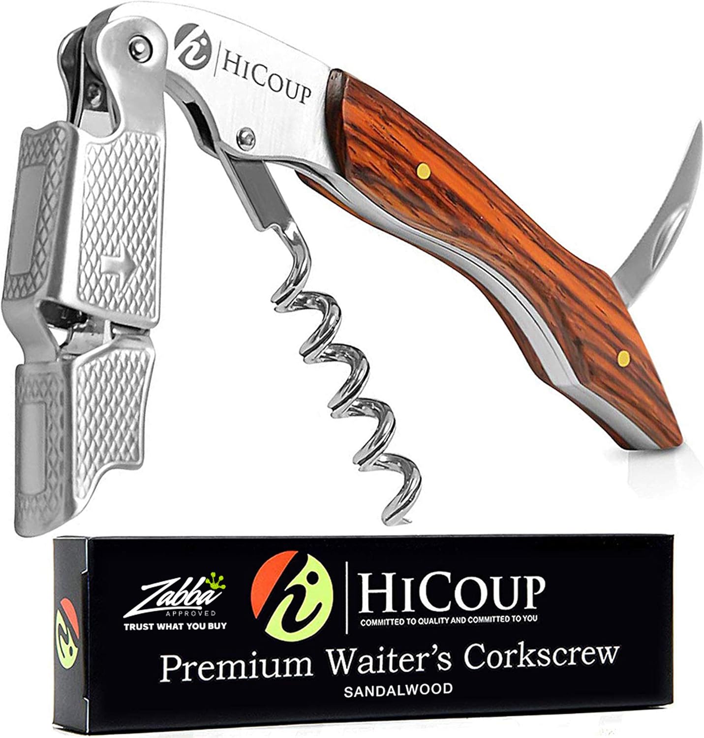 Hicoup Wine Opener - Professional Corkscrews for Wine Bottles w/Foil Cutter and Cap Remover - Manual Wine Key for Servers, Waiters, Bartenders and Home Use - Sandalwood