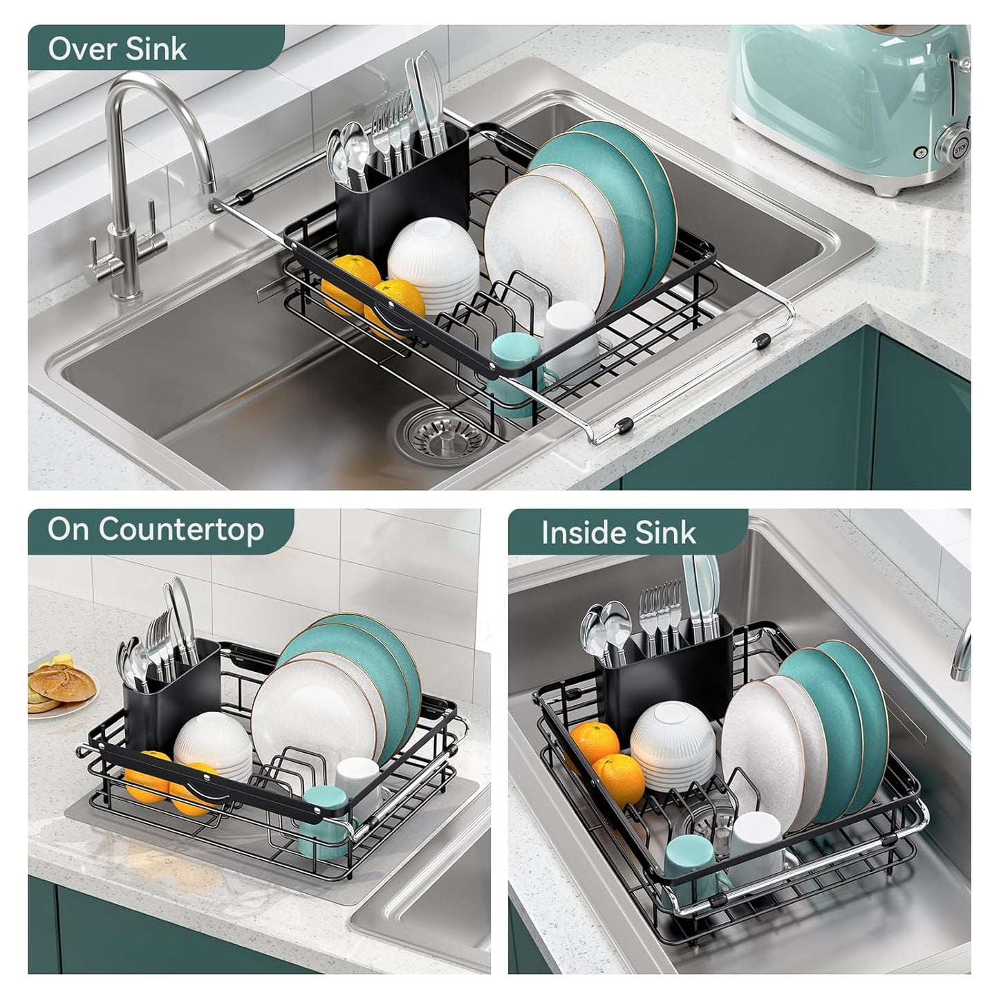 Over the Sink Dish Drying Rack,In Sink Dish Drying Racks,Expandable Dish Rack Over Sink Counter,Adjustable Dish Drainer for Inside Sink with Utensil Holder, Stainless Steel Dish Strainer Large Size