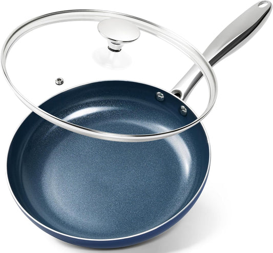 MICHELANGELO 10 Inch Frying Pan with Lid, Blue Frying Pan with Nonstick Diamond Infused Coating, Nonstick Frying Pans, Diamond Fry Pan Blue
