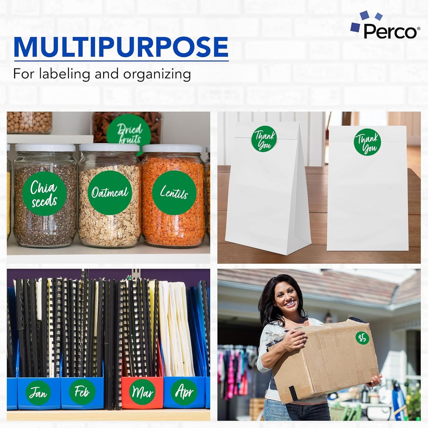 Perco Green 3-Inch Round Circle Dot Sticker Labels - Multi-Roll Pack (3 Rolls, 500 Labels Each) - Permanent Adhesive, Vibrant Colors, Strong Hold - Perforated for Easy Use - Made in USA