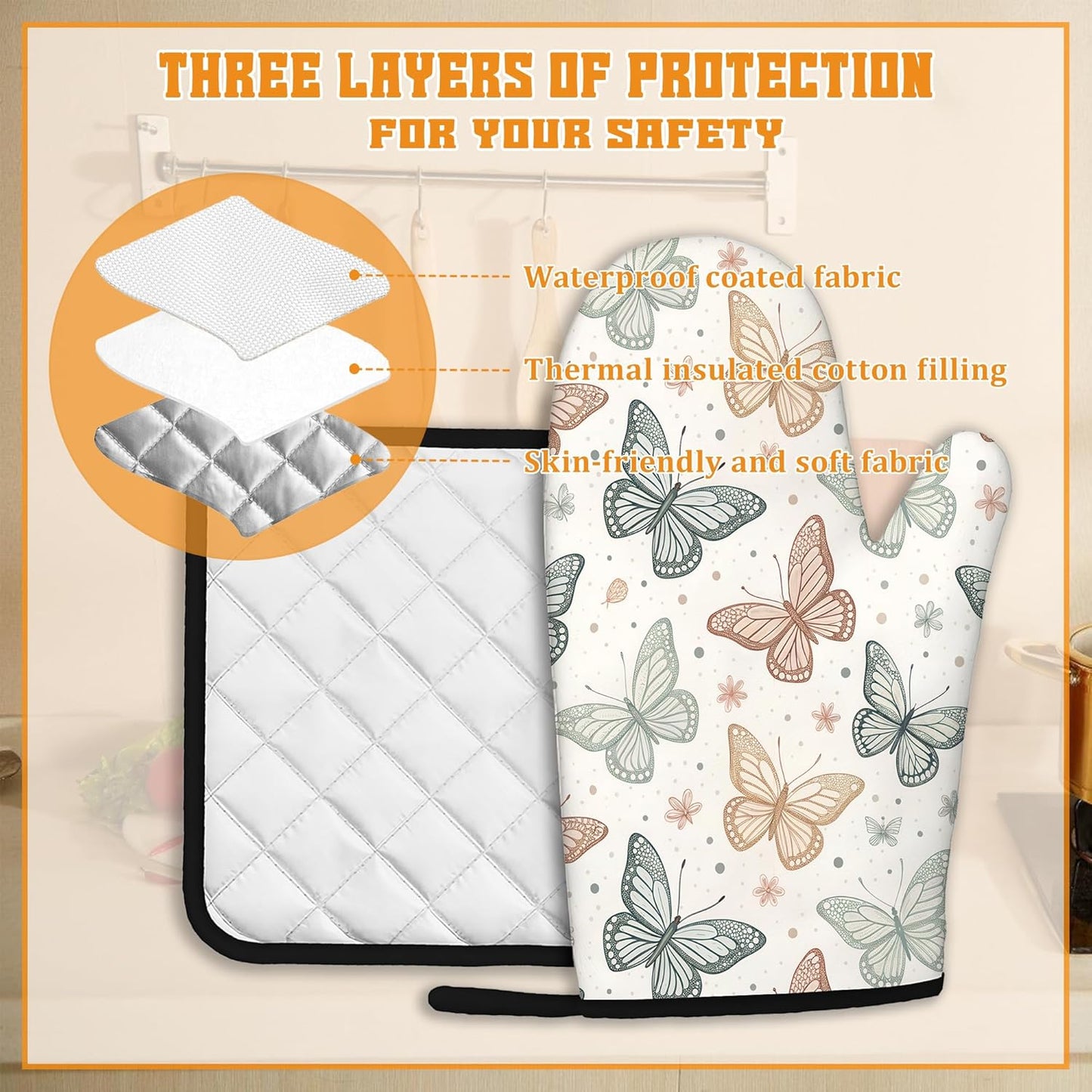 Butterfly Vintage Oven Mitts and Pot Holders Set,Boho Kitchen Decor Heat Resistant Non Slip Hot Pads and Oven Mitt for Chef Cooking Baking BBQ Mom Girl Gifts(4 Piece Set)