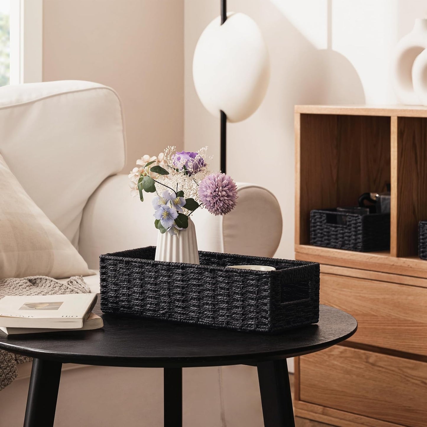 UBBCARE Toilet Tank Basket for Bathroom, Hand Woven Paper Wicker Basket for Organizing, Countertop Decorative Storage Basket with Handles, 2-Pack, Black