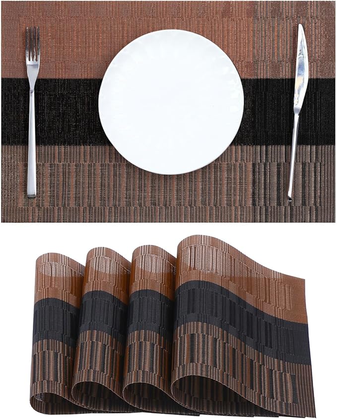 Leetaltree Brown with Black Striped Placemats Set of 4 - Heat Resistant Non-Slip Place mats for Dining Table, Washable Durable PVC Vinyl Woven Table Mats（Brown Stripe, 4）