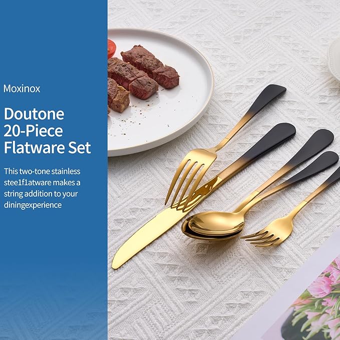 20-Piece Black Gold Silverware Set, 18/0 Stainless Steel Colorful Handle Flatware Set,Service for 4,Modern Cutlery Set Includes Dinner Knives Forks Spoons,Mirror Polished,Dishwasher Safe