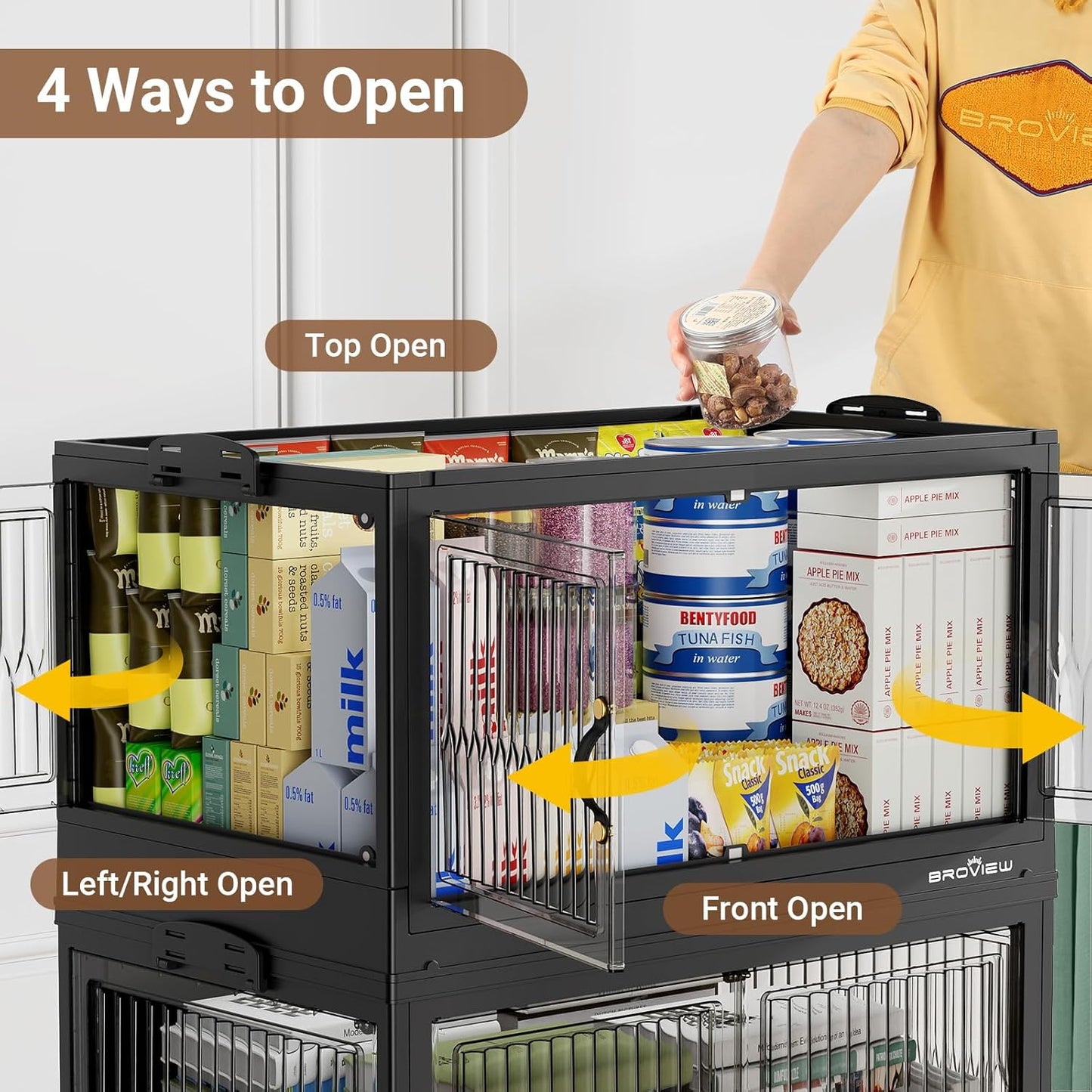 360QT Large Stackable Storage Bins with Lids, Plastic Closet Organizer and Storage Drawer, Collapsible Storage Box with Wheels, Folding Storage Cabinet with Doors for Home Kitchen, 3Pack Black