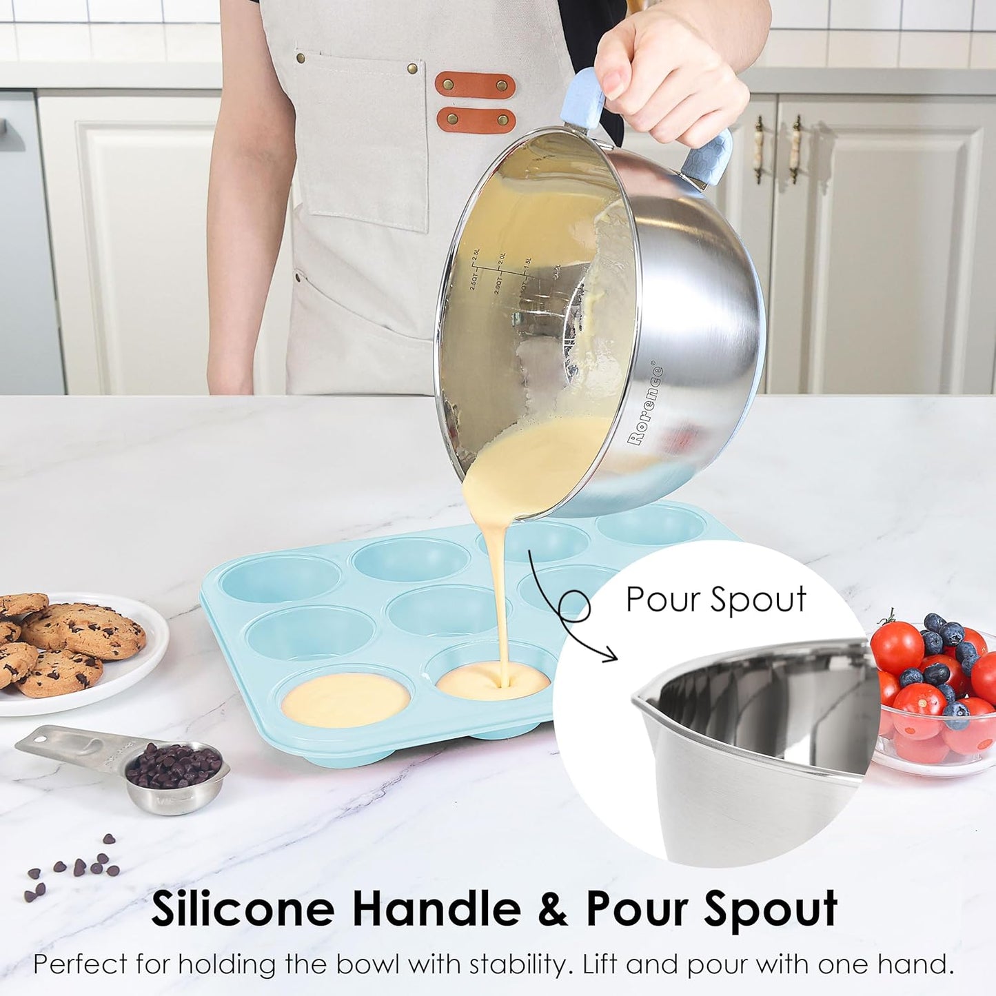 Rorence Stainless Steel Mixing Bowls Set: Non-Slip Silicone Bottom Kitchen Bowls with Pour Spout, Handle and Lid - Set of 3 - Light Blue