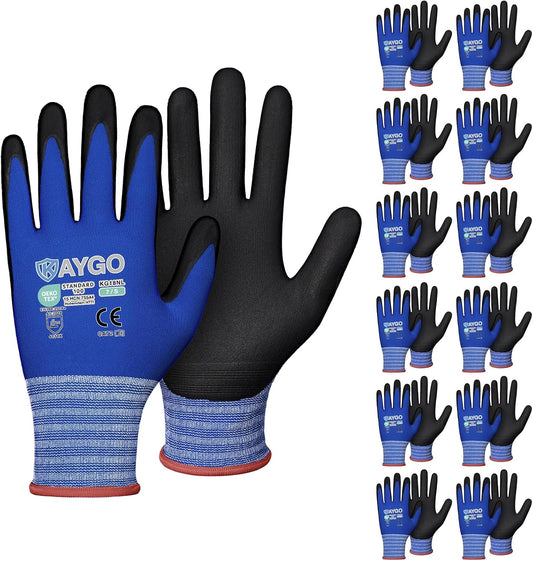 KAYGO Safety Work Gloves MicroFoam Nitrile Coated-12 Pairs, KG18NB,Seamless Knit Nylon Glove with Black Micro-Foam Nitrile Grip,Ideal for General Purpose,Automotive,Home Improvement,S