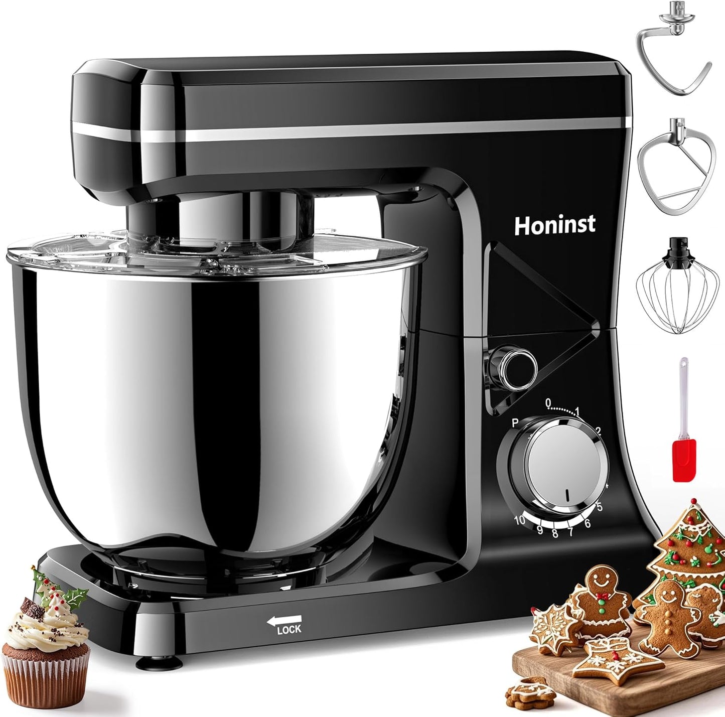 10-Speed Stand Mixer with 8-in-1 Splash Guard, Tilt-Head, 6QT Stainless Steel Bowl + Dishwasher-Safe Dough Hook/Whisk/Beater/Spatula for Baking Bread, Cakes, Cookies, Black