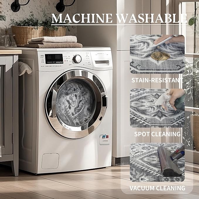 Area Rug for Living Room - Indoor Machine Washable Vintage Rugs for Bedroom Dinning Room Floor - Soft Low-Pile Carpet Non-Slip Backing Floral Rugs for Office (Grey, 5' × 7')