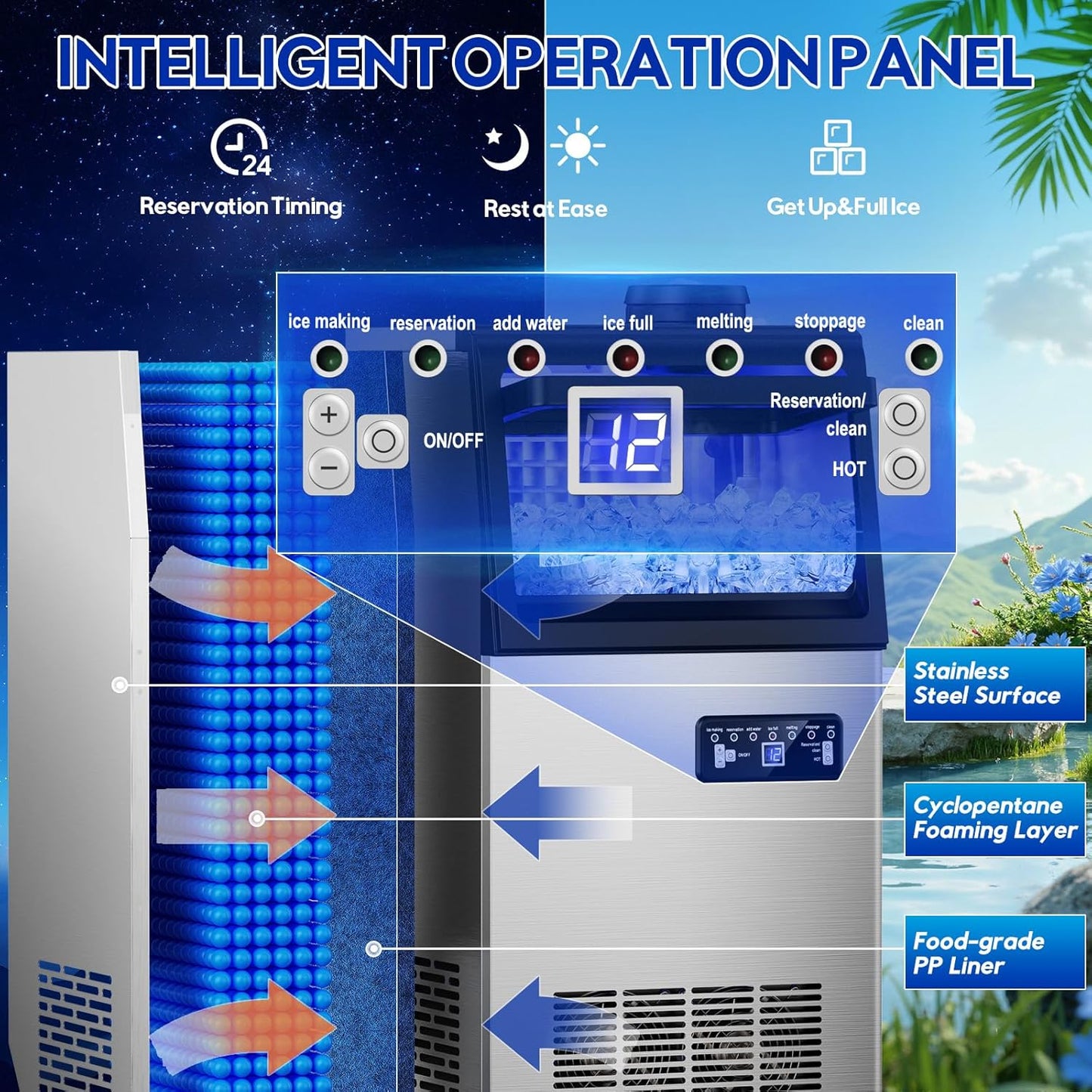 Commercial Ice Maker Machine, 110Lbs/24H, 30Lbs Storage, 36Pcs Clear Ice Cubes in 10-15Mins, Stainless Steel Under Counter or Freestanding Ice Machine - 2 Water Inlet Modes, for Home Party Office