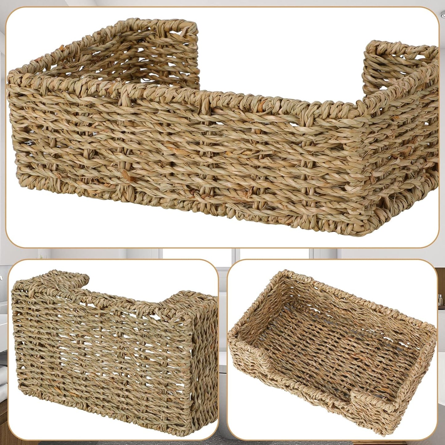 Bathroom Disposable Guest Towel Napkin Holder Long Seagrass Woven Rattan Wicker Table Dinner Paper Hand Guest Towel Napkin Basket Tray Caddy for Kitchen