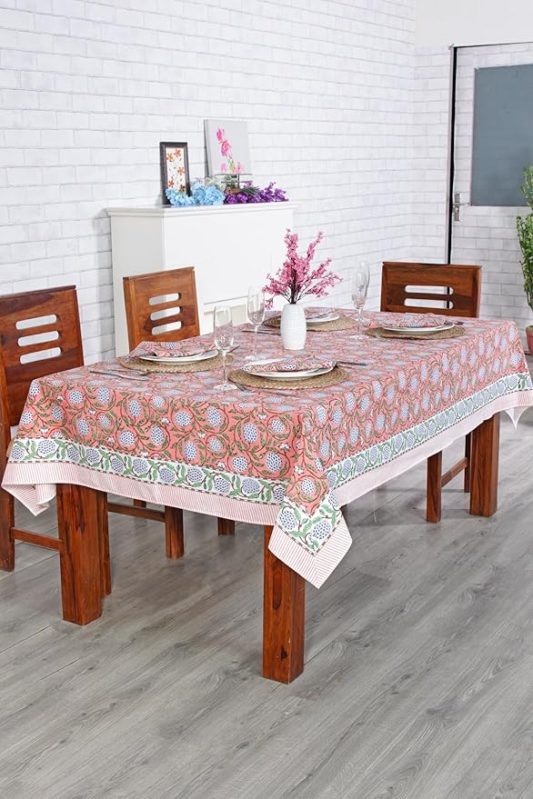 Ridhi Dark Salmon Pink 72 x 190 Inches Rectangular Cotton Washable Tablecloth, Hand Block Print Floral, for Kitchen, Dining, Spring, Easter, Wedding, Birthday, Bridal