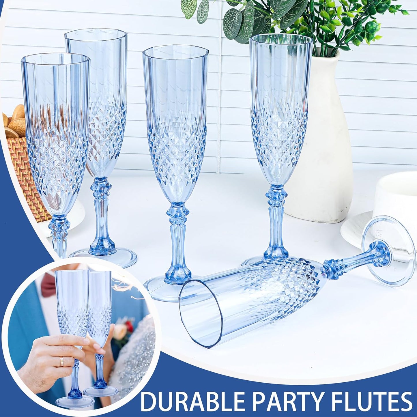 Plastic Champagne Flutes, 48PCS Blue Plastic Wine Glasses Goblets Reusable Champagne Flute for Weddings, Bachelor Parties, Toasting, and Events (48, Blue)