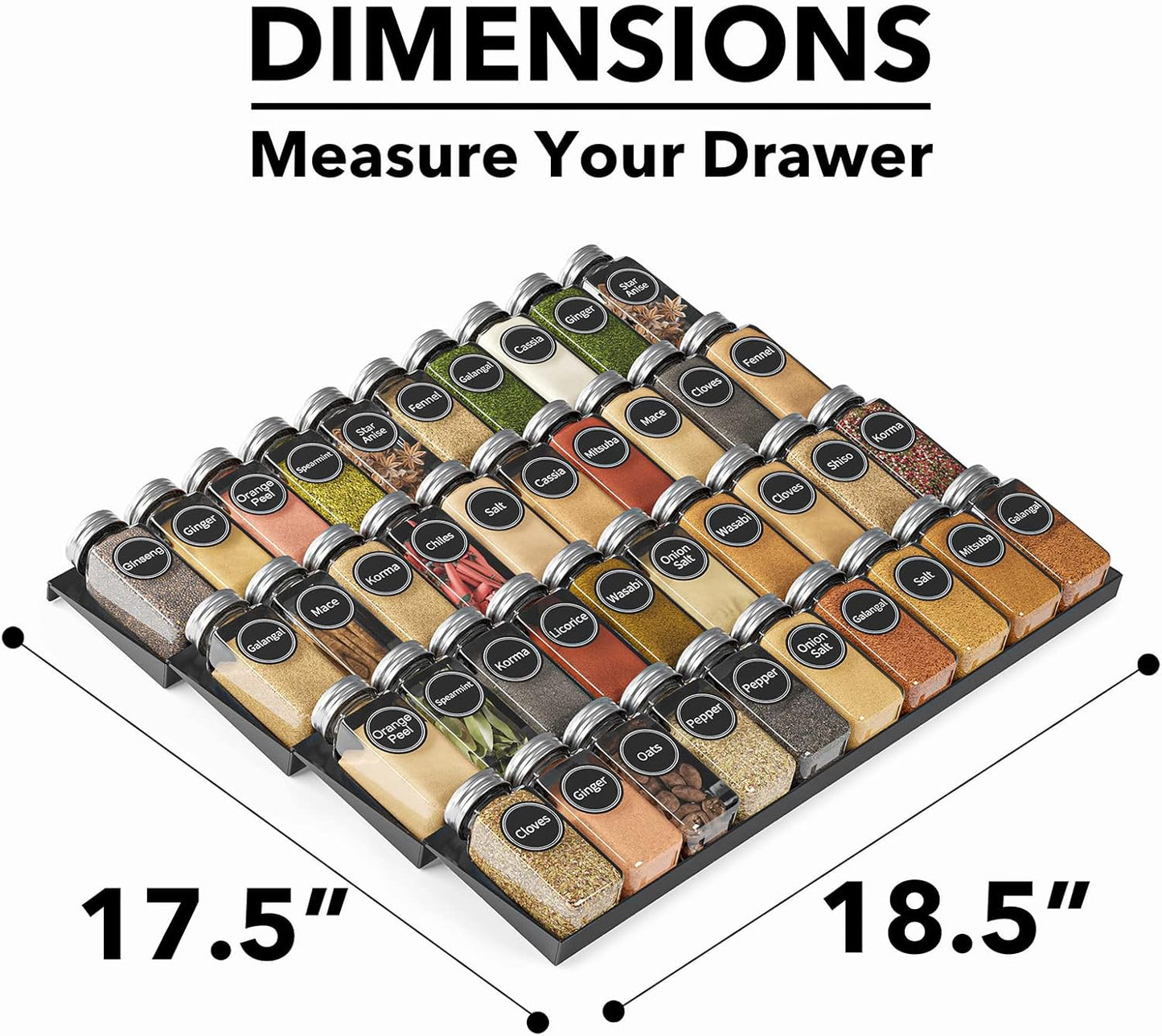 SpaceAid Spice Drawer Organizer with 40 Spice Jars, 386 Spice Labels, 4 Tier Seasoning Rack Tray Insert for Kitchen Drawers, 18.5" Wide x 17.5" Deep