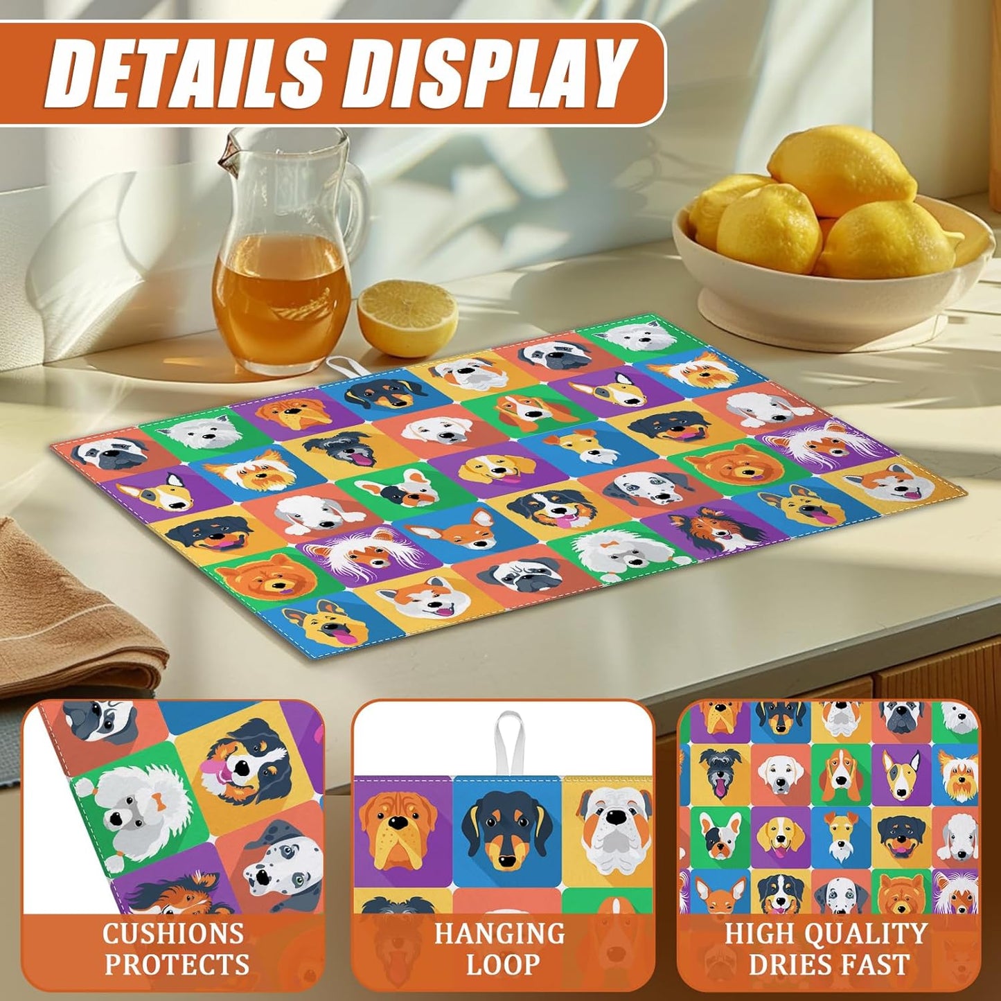 Cute Dogs Dish Drying Mat for Kitchen Counter Microfiber Absorbent Dish Kitchen Drying Mat Draining Reusable Washable for Dishes/Utensils/Counterto