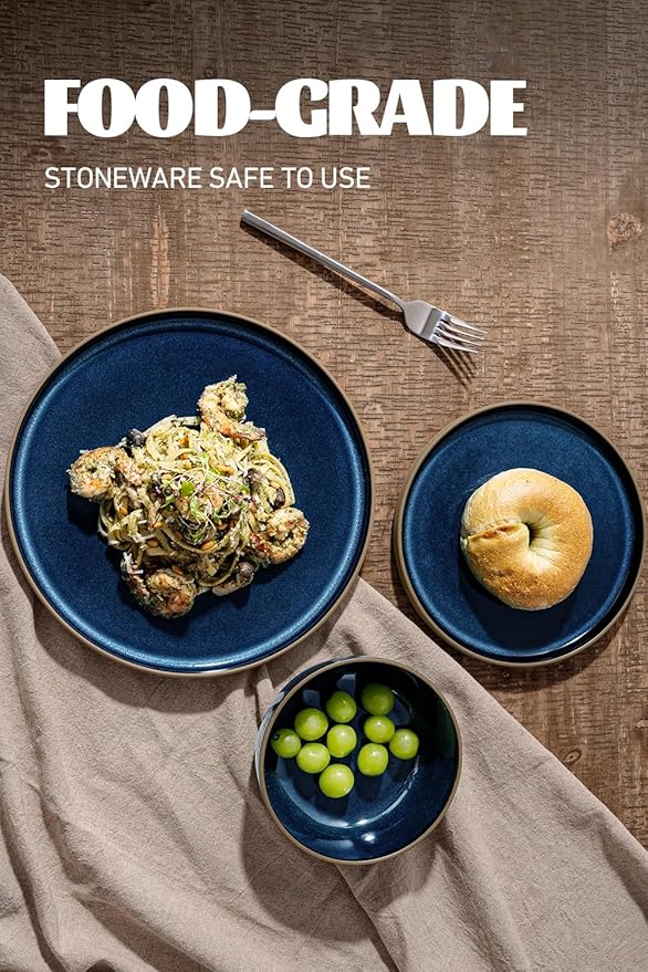 Famiware Nature Plates and Bowls Sets, 12 Pieces Stoneware Dinnerware Sets, Dishes Set for 4, Dishware Sets, Microwave and Dishwasher Safe, Midnight Blue