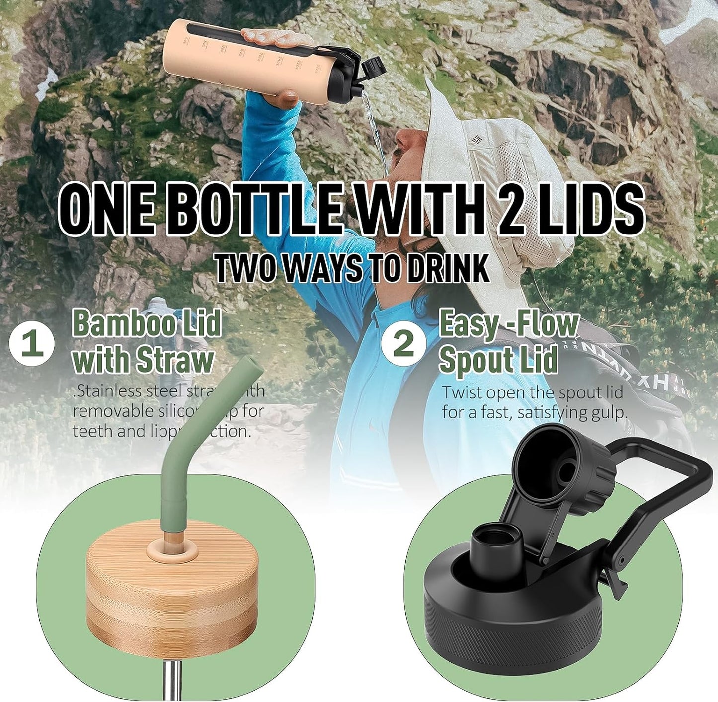 32oz Glass Water Bottle with Straw and 2 Lids- Bamboo Straw and Spout Lid with Phone Holder for Gym, Glass Drinking Bottles with Silicone Sleeve and Motivational Time Marker, Olive