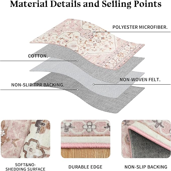 Area Rug for Living Room - Vintage Indoor Machine Washable Rug for Bedroom Dinning Room Floor - Soft Low-Pile Carpet Non-Slip Backing Floral Rugs for Office (Pink, 8' × 10')
