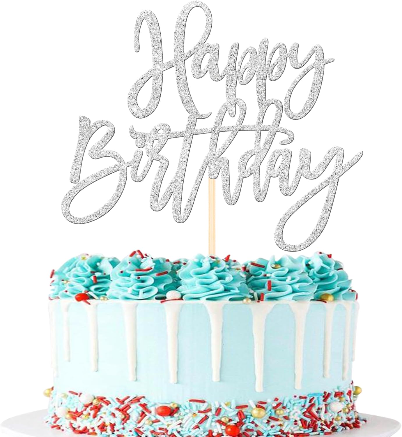 ZHUOWEISM 1 PCS Happy Birthday Cake Topper Glitter Happy Birthday Cake Pick for Celebrating Happy Birthday Anniversary Theme Party Cake Decorations Supplies Silver