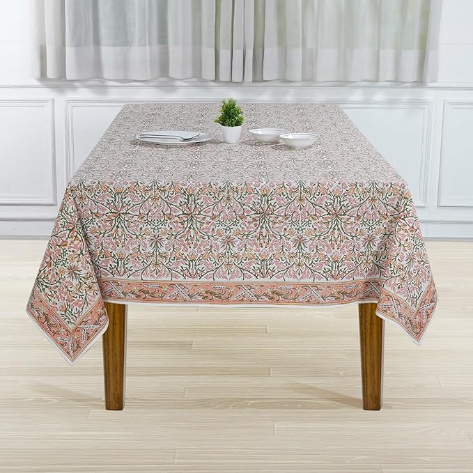 Ridhi Sassy Salmon Pink Hand Block Print Cotton Rectangle Tablecloth 160 x 72 inch-Reusable Table Cover Decorative Everyday Use for Dining Room, Farmhouse, Thanksgiving, Christmas Wedding, Fall
