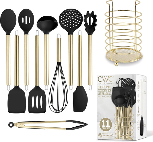 COOK WITH COLOR Silicone Cooking Utensils, Kitchen Utensil Set, Easy to Clean Silicone Kitchen Utensils, Cooking Utensils for Nonstick Cookware, Kitchen Gadgets Set with Holder, 10 Pieces