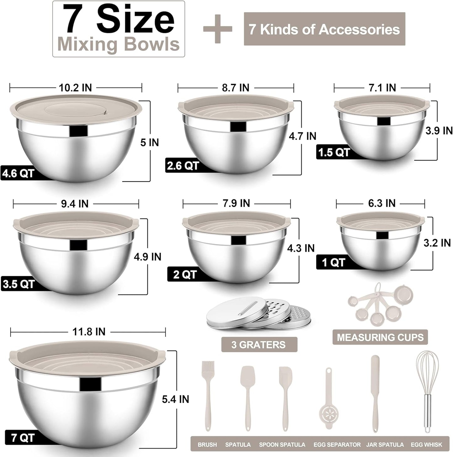 E-far Mixing Bowls with Lids Set, 21PCS Stainless Steel Mixing Salad Bowls with 3 Grater Attachments, Size 7, 4.6, 3.5, 2.6, 2, 1.5, 1QT, Nesting Design & Khaki Airtight Lid, For Baking/Prepping