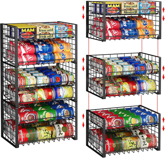 3-Pack Stackable Can Rack Organizer for Pantry, Adjustable Can Holder for Various Ounce of Cans up to 90, Rolling Can Dispenser for Canned Food Soup Goods Storage in Kitchen Cabniet, 2 Tier, Black