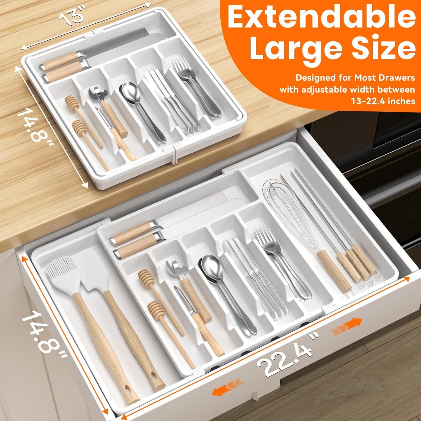 Large Silverware Organizer,Expandable Utensil Drawer Organizer,BPA Free Utensil Holder,Adjustable Silverware Tray Cutlery Drawer Organizer for Kitchen Flatware,Large,White (6-8 Slots)