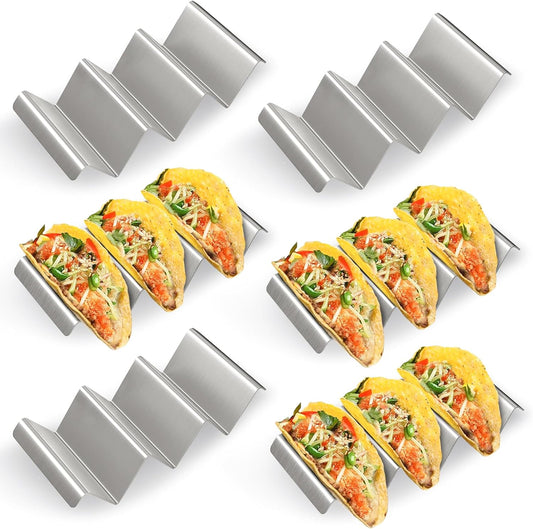 Taco Holder Set of 6, Stainless Steel Taco Holder Stand, Taco Rack Truck Tray Style with Easy-Access Handle, Oven, Grill and Dishwasher Safe