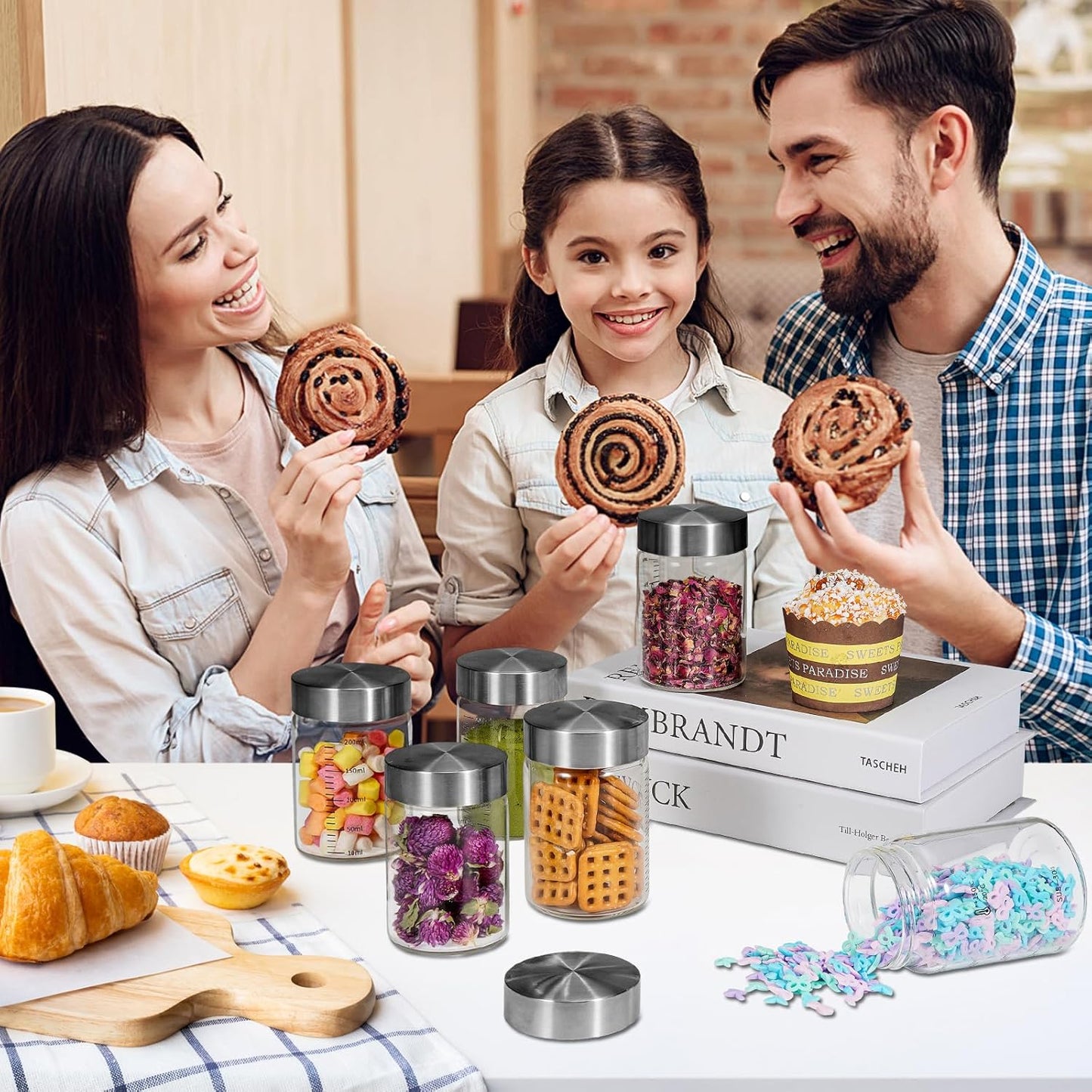 Glass Spice Jar Coffee Sugar Container Airtight Glass Jar Food Storage Canisters Bottle for Kitchen Seasoning Tea Herb Overnight Oats Bar Parfait Snacks (6 * 200ml(6.76oz))