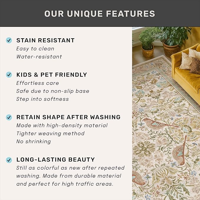 Boho Long Bathroom Runner Rug 2x6 - Floral & Bird Runner Rug for Kitchen Floor, Hallway, Laundry Room, Bedroom, Entrance, Beige Neutral Vintage Decor, Washable Non Slip Low Pile