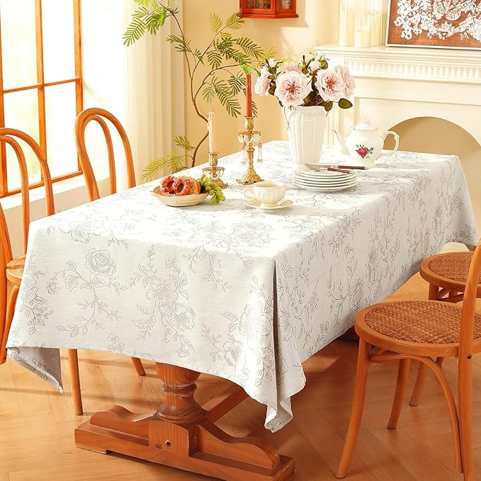 Chassic Premium Vintage Farmhouse Damask Floral 52 x 52 inch Square Table Cloth – Water Resistant Linen Textured Jacquard Tablecloth for Kitchen Dining & Picnic Decor - Beige