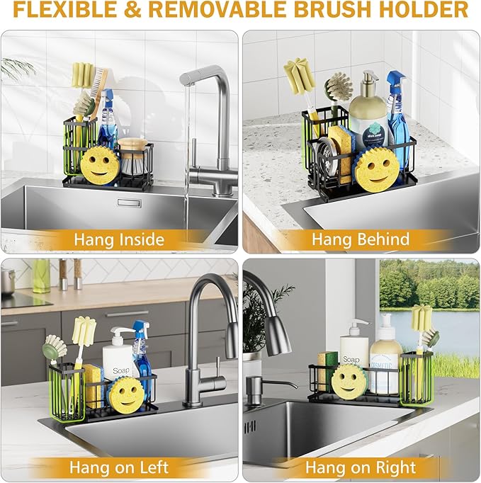 Epicano Sink Caddy Sponge Holder, Smiley Face Sponge Rack with High Brush Holder,Rustproof Kitchen Countertop Organizer,Kitchen Gadgets Sink Accessories, 7.6" x 6.3" x 4.1", Black