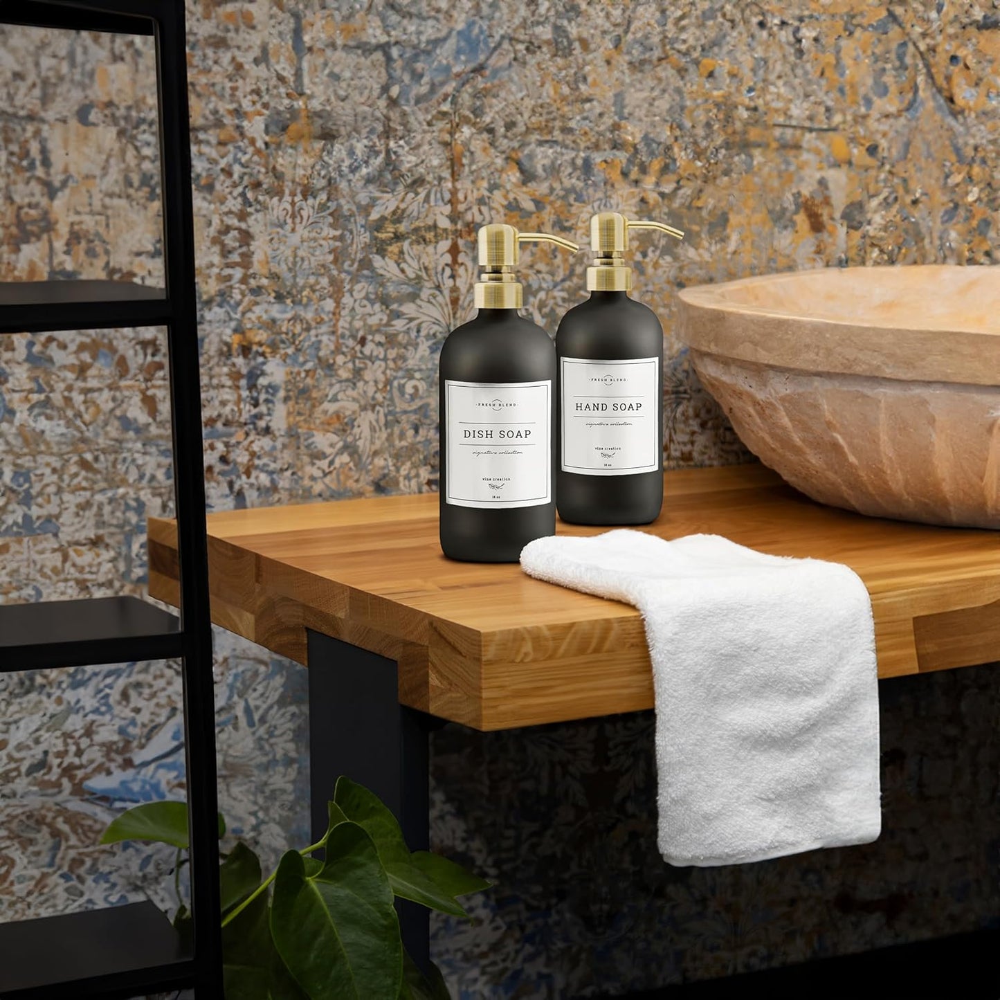 Vine Creations Black Glass Soap Dispenser, 2 Pack Kitchen Soap Dispenser Set with Stainless Steel Pump, 16 oz Dish Soap and Hand Soap Dispensers for Bathroom with Waterproof Labels