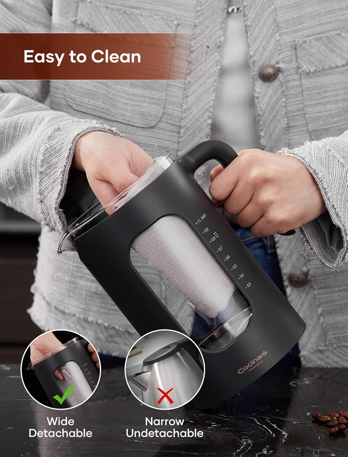 Electric Tea Kettle, INTASTING Glass Electric Kettle with tea Infuser and Precise knob temperature control, 1200W Fast Heating, BPA-Free, Easy to Clean, for Tea and coffee, 1 Liter (Dark Gray)