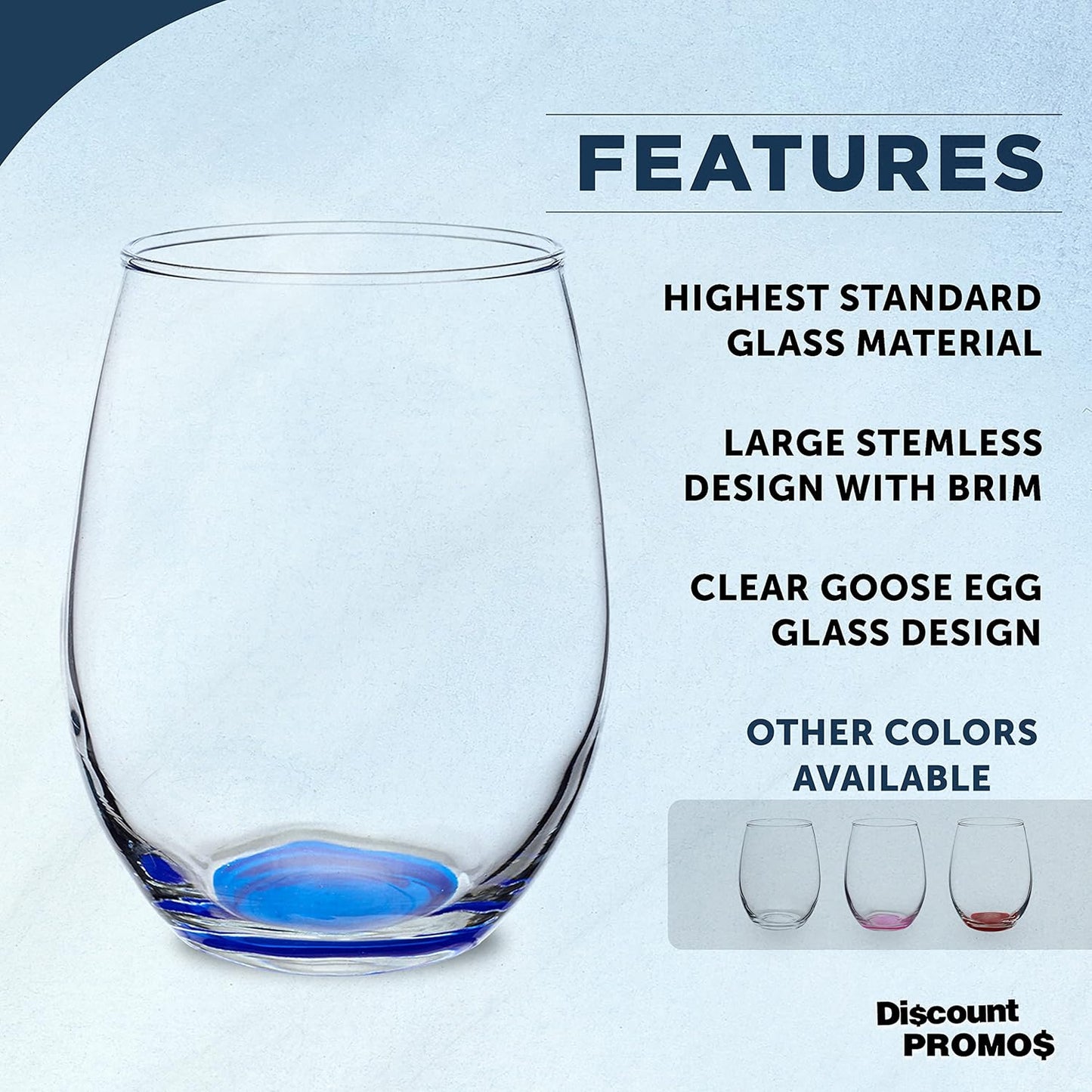 DISCOUNT PROMOS Stemless Wine Glasses in Bulk by ARC Perfection, 15 oz -10 pack, Red or White Wine Glass Drinking Set, Blue