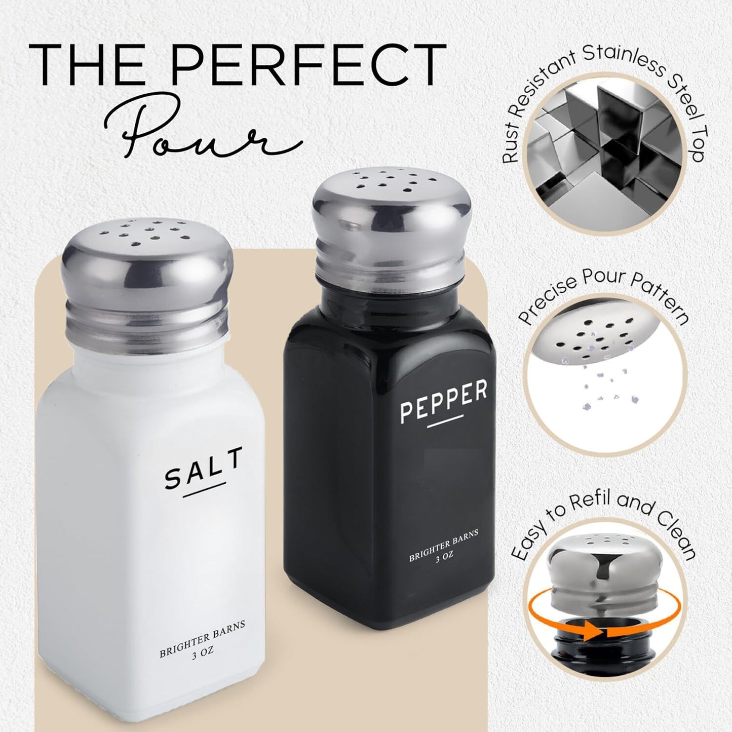 Farmhouse Salt and Pepper Shakers Set by Brighter Barns - Modern Kitchen Decor, Dining Table Countertop Accessory - Rustic, Vintage Glass Shakers with Stainless Steel Lids for Home, Restaurant