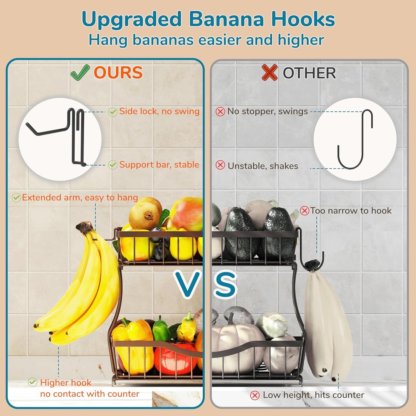 Large 2-Tier Fruit Basket for Kitchen Counter with 2 Banana Hangers – Metal Fruit Bowl for Onion, Vegetable, Snacks, Breads Storage – Countertop Organizer – Bronze