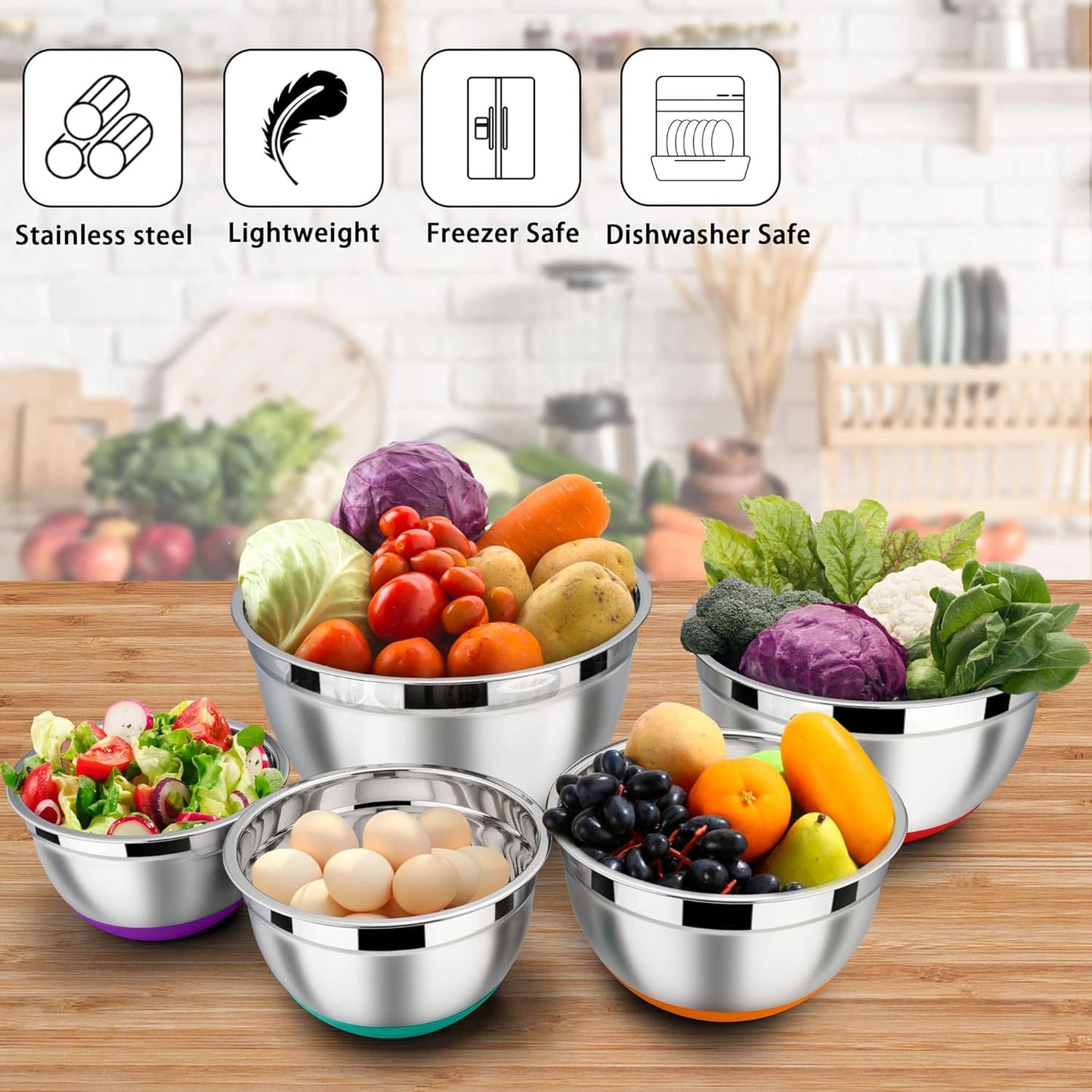 LIANYU Nesting Mixing Bowls Set of 6 with Airtight Lids, Size 7, 3.5, 2.5, 2, 1.5, 1QT, Large Stainless Steel Metal Bowls for Baking Cooking Food Storage, Non-slip Bottom, Colorful