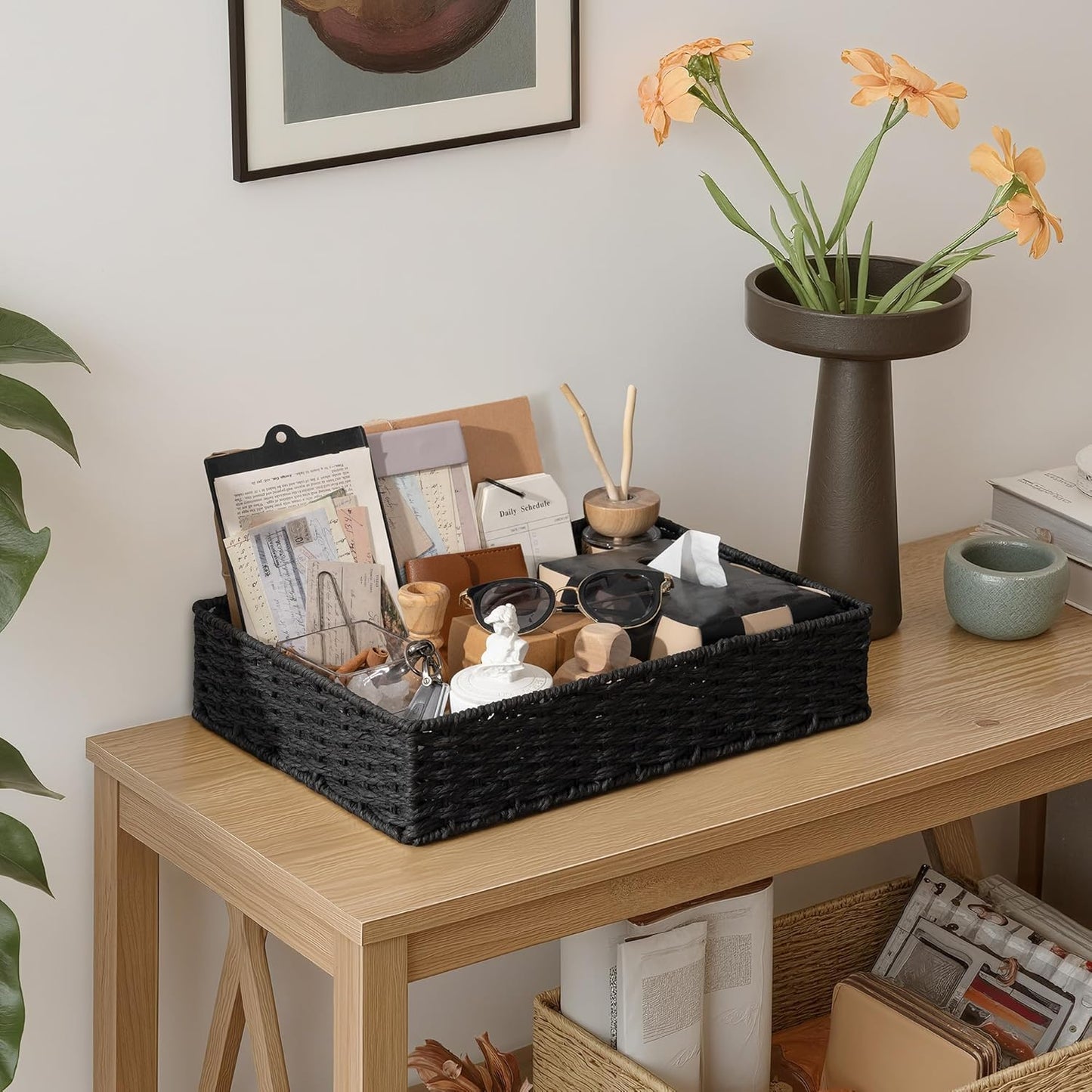 StorageWorks Bathroom Vanity Tray for Countertop, Bathroom Counter Tray for Decorative, Toilet Paper Baskets, Black, Larger, 2 Pack