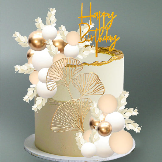 Gyufise 57Pcs Khaki Balls Cake Topper Boho Grass Cake topper Pearl Balls Acrylic Happy Birthday Cake Decorations for Wedding Baby Shower Birthday Boho Themed Party Supplies Khaki White Gold