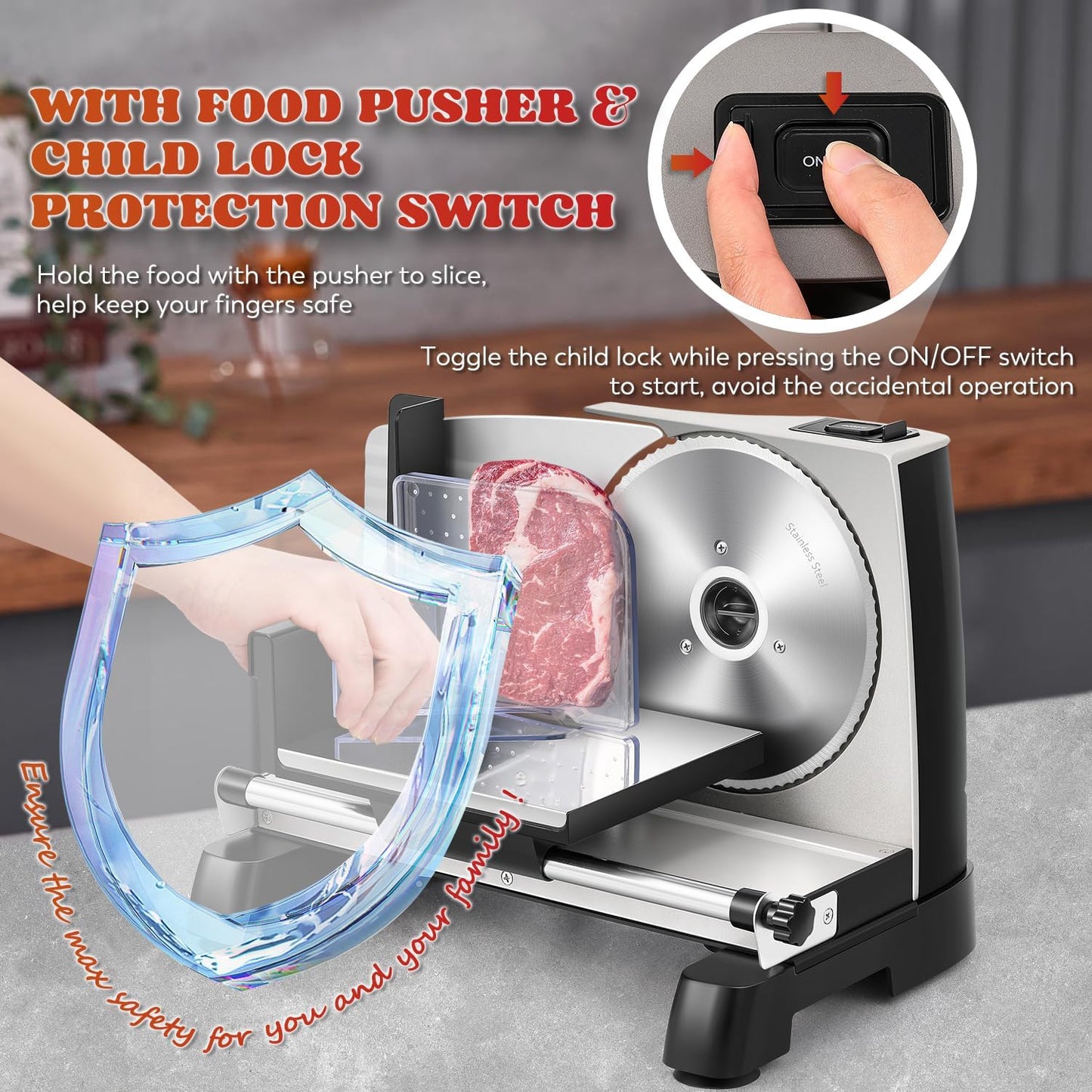 Moongiantgo Meat Slicer Electric with Removable 7.5’’ Blades Stainless Steel, 0-18mm Adjustable Thickness, Deli Food Slicer with Child Lock Protection for Meat, Fruit, Bread, Cheese, 110V