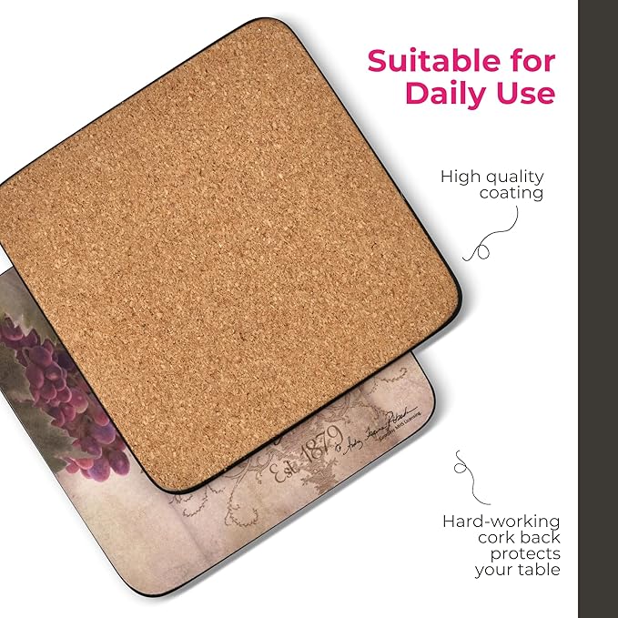 Pimpernel Portmeirion Toscana Coasters, Set of 4 – 4.25" Cork-Backed Boards Featuring Grape Artwork, Heat & Stain Resistant Lacquer Finish, Decorative Drink Mats for Wine Lovers & Coffee Tables