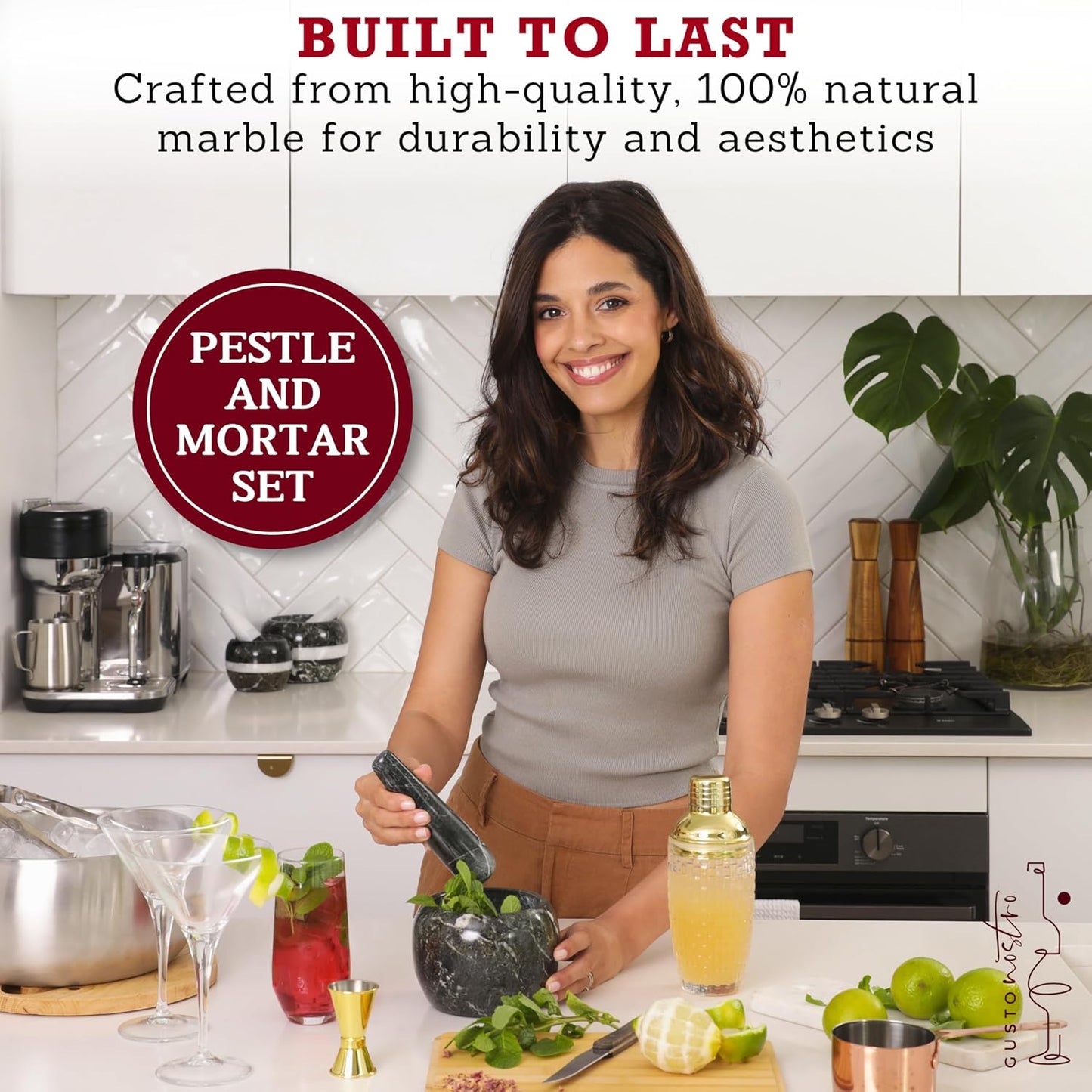 Gusto Nostro Natural Marble Mortar and Pestle Set | 6 Inch - 3.5 Cup Extra Large Mortar Pestle Set for Grinding Herbs, Nuts, Grains | Pesto Grinding and Guacamole Stone Bowl | Marble Spice Crusher