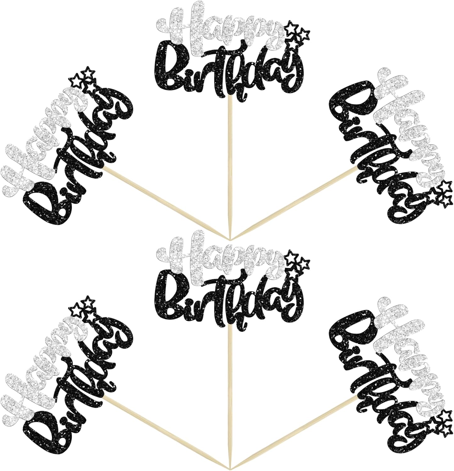 Ephlyn 24Pcs Happy Birthday Cupcake Toppers - Black Silver Glitter - Double Layer - Perfect for Birthday, Baby Shower & Anniversary Parties