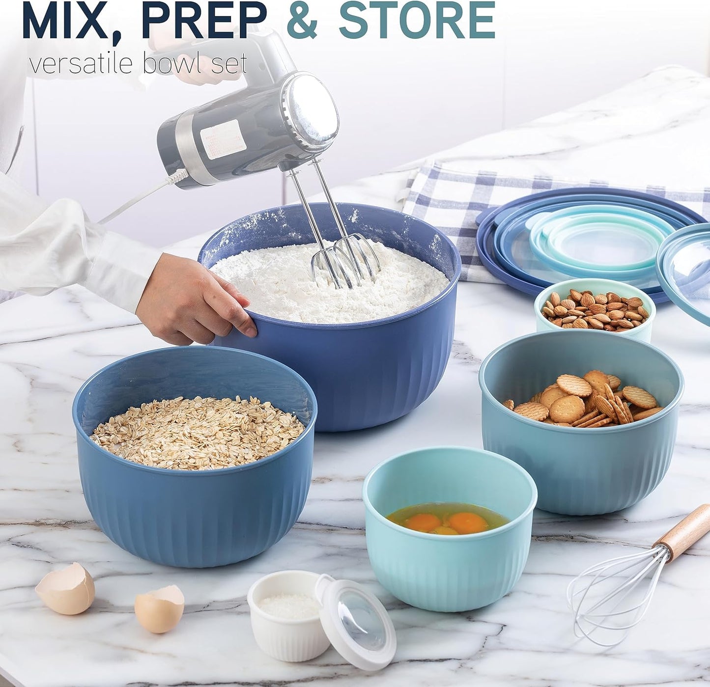 COOK WITH COLOR Prep Bowls with Lids- Wide and Deep Nesting Plastic Small Mixing Bowl Set with Lids, 12 Piece Set - Deep Bowls, Blue