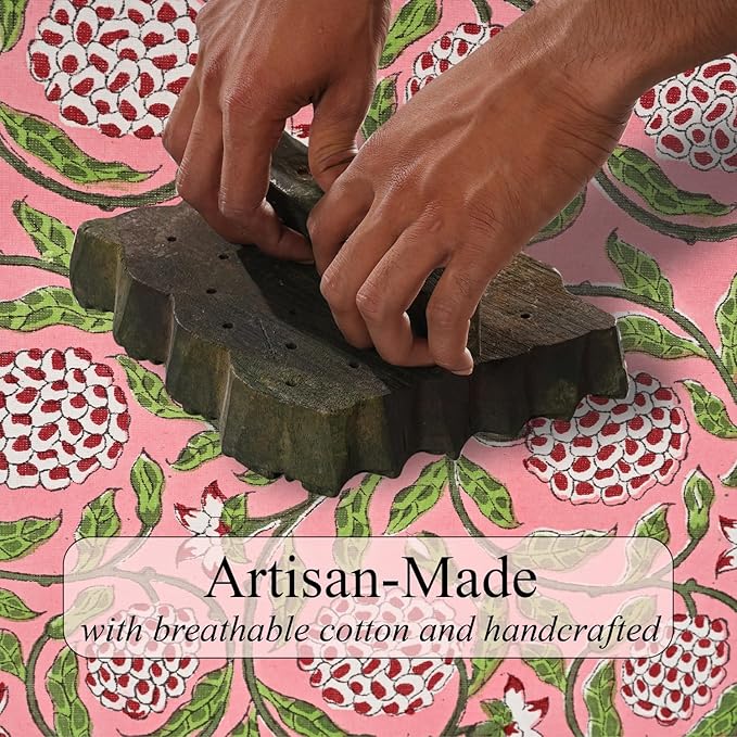 Ridhi Strawberry Pink Hand Block Print Cotton Rectangle Tablecloth 90 x 60 inch-Reusable Table Cover Decorative Everyday Use for Dining Room, Farmhouse, Thanksgiving, Christmas Wedding, Fall