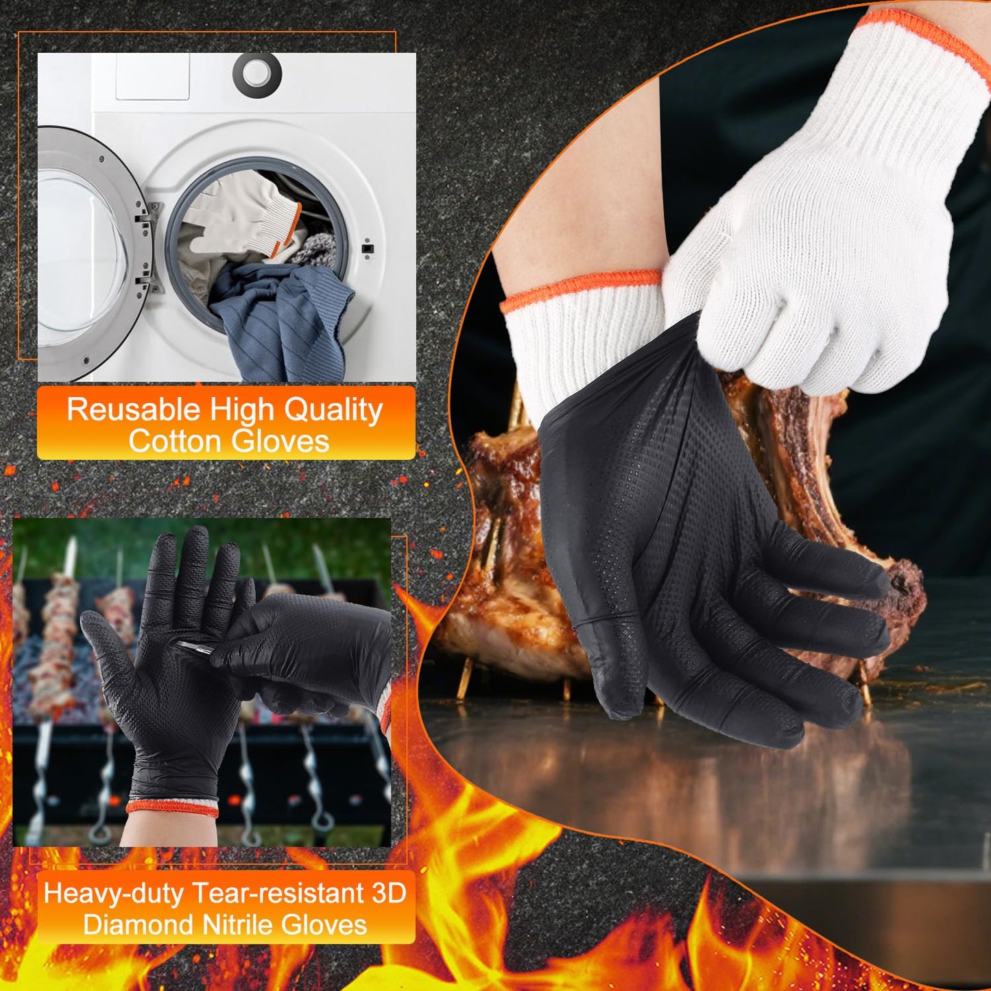 BBQ Gloves for Cooking Baking Grilling, 100 Count Disposable Nitrile Gloves and 4 Count Cotton Glove Liners Washable (10mil Nitrile, X-Large)